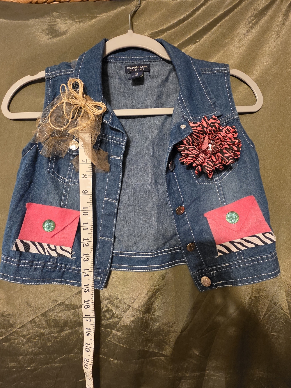 U.S. Polo Assn. Blue Denim Vest with Pink Pocket Accents and Floral Brooches
